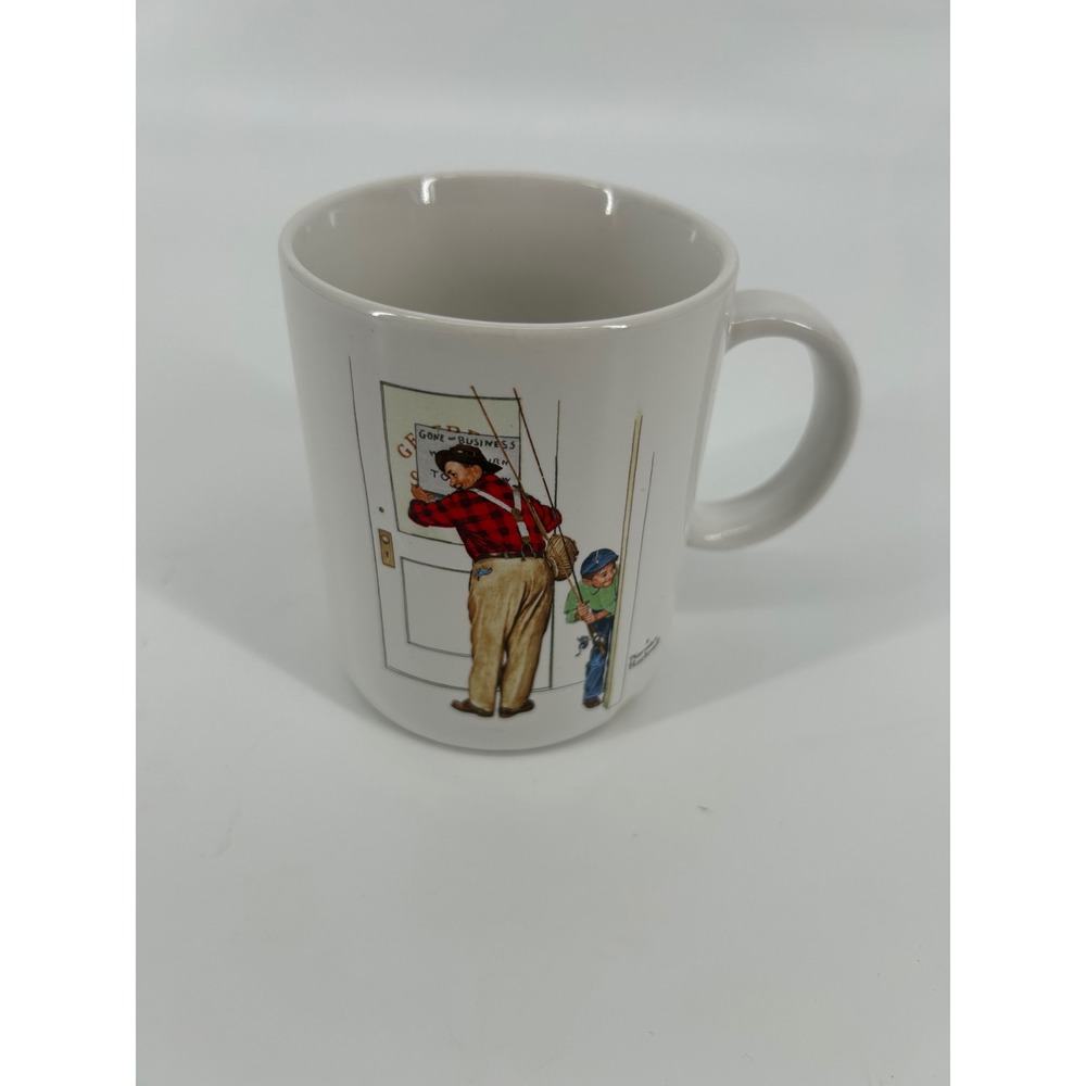 Norman Rockwell Mug 12oz White Good Closed For Business Fishing 1987